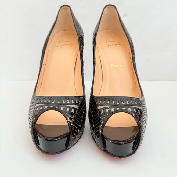 Christian Louboutin Black Patent leather Laser cutout Sullena peep toe pumps 38 - Picture 4 of 9